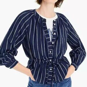 J.Crew Tie Waist Linen Blend Peasant Top Blouse Size 6 Striped in Indigo Gauze